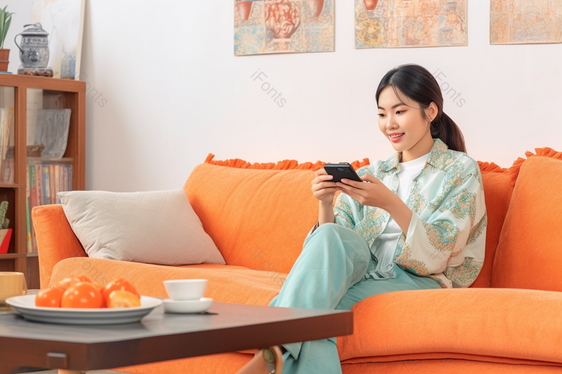 秋季美女哉沙发上看手机,高清,摄影图,摄影图片,图片大全,摄影图免费下载